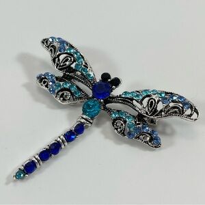 Silver Tone Blue Rhinestone Dragon Fly Brooch Pin Boho Elegant Vintage Look